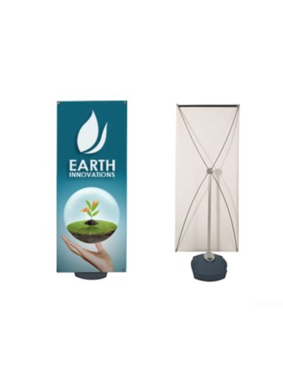 Custom retractable banner stand featuring "Earth Innovations" branding, showcasing a hand holding a plant, emphasizing eco-friendly themes, suitable for events and trade shows.