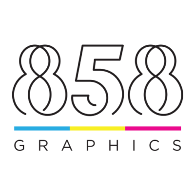 Logo of 858 Graphics, a company specializing in custom office signs, featuring the brand name in modern typography with colorful graphic elements.