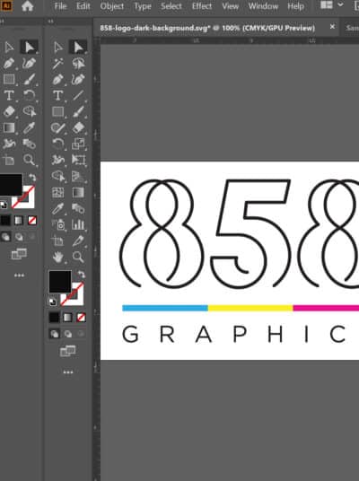 Logo design for 858 Graphics Inc. featuring stylized text with vibrant colors, showcasing brand identity relevant to custom office signage and graphic solutions.