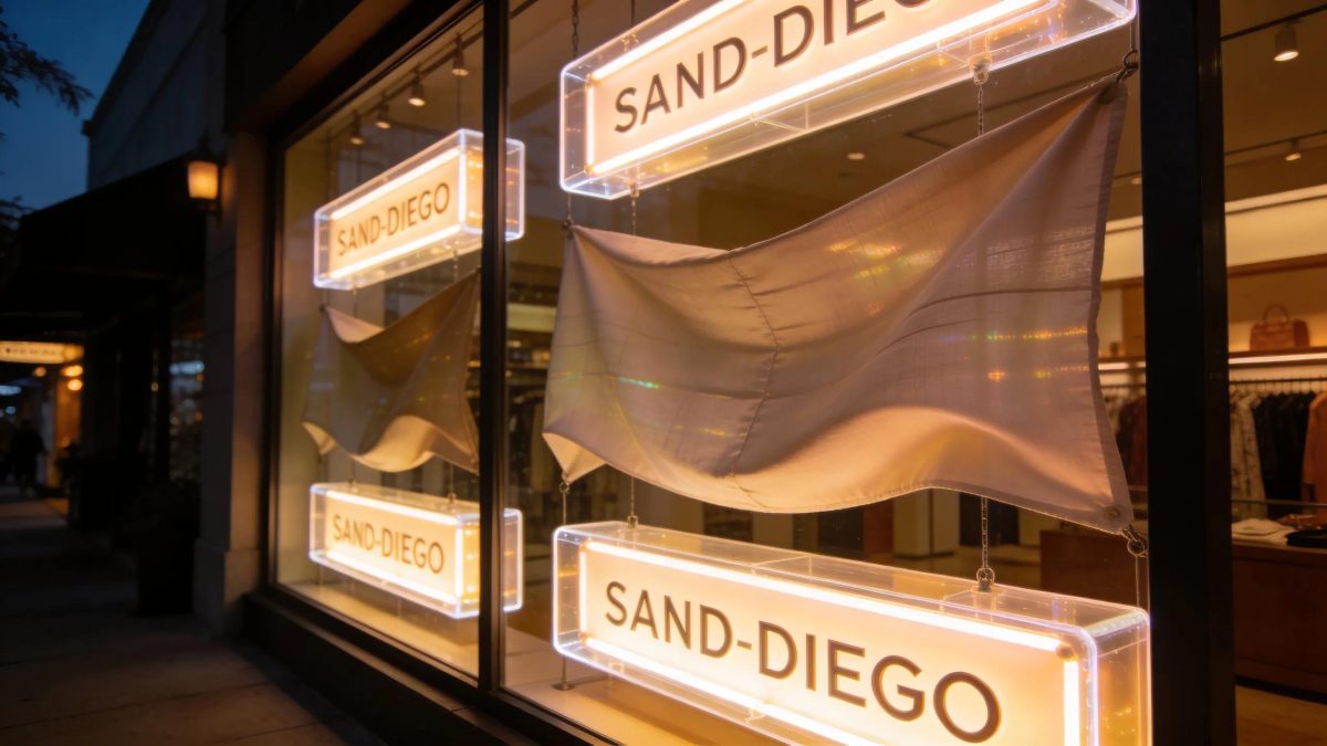 Backlit and fabric signage displayed in a San Diego retail environment, illustrating their vibrant visibility