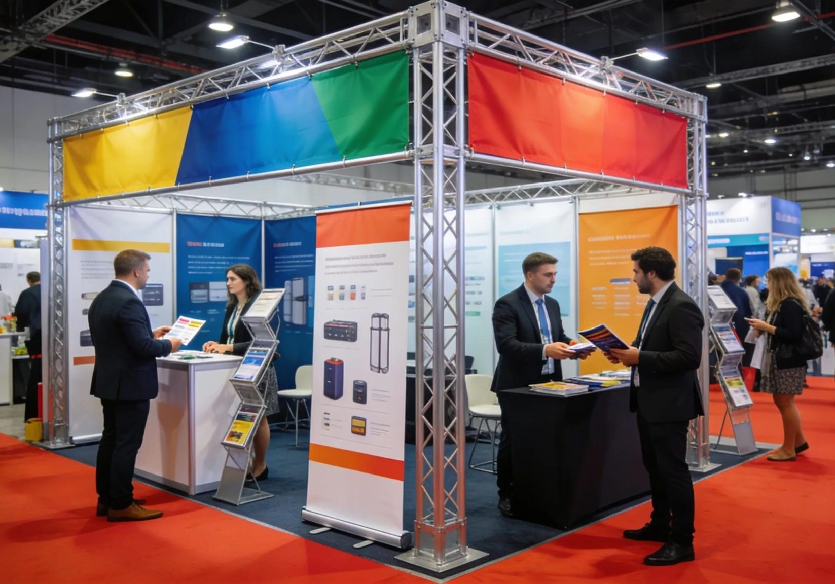 Trade show display materials featuring aluminum frames and fabric graphics